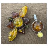 Amber??? Necklace charm and brooch *1 signed .925