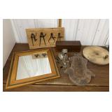 Mirror, tools mounted on wood, recipe box, light