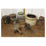 Tins, jar, metal scoop, press etc