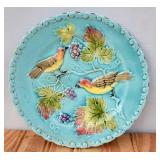 Antique Majolica Plate Birds & Berries. Black