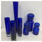 Cobalt blue glass apothecary jars and vases.