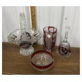 ruby to clear Crystal vase, bell, basket, bowl