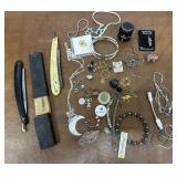 Costume jewelry, ring box, straight razors,