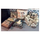 Cat and dog pillows, a moose chair.