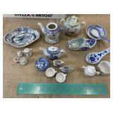 Box of mostly Blue & White. Tiny tea set pieces.
