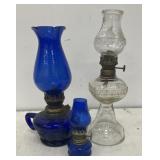 3 Vintage cobalt blue and clear glass oil lamps -