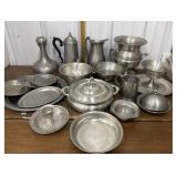 Pewter bottle chiller, pitcher, plates, bowls,