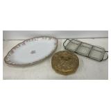 Divided Glass Dish and Carrier, Brass Box, and
