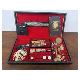 Box of military pins, rosary beads, mustard