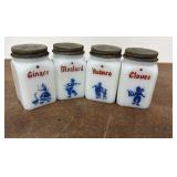 Four vintage Hazel Atlas milk glass spice shakers