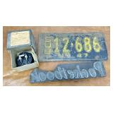 1947 License Plate, Printer Block, And
