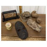 Chinese cork carving diorama, wood toad, birds,