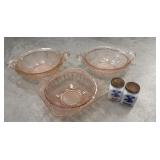 Pink glass bowls, salt & pepper shakers