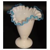 Fenton glass vase with blue opalescent ruffled
