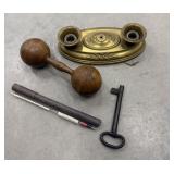 Light fixture, thermometer, cast iron key, wood