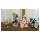 Planter, Lefton boy fishing figure, cow oil,