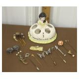 Lipstick holder, Vintage pins, clip on earrings,