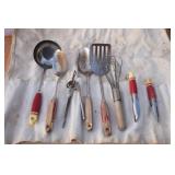Vintage Wood Handle/Red Paint Utensils in Roll-Up