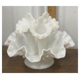 Fenton Milk Glass Hobnail 3-Horn Ruffled Epergne