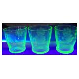 3 Vintage Green Uranium Glass Floral Etched Shot