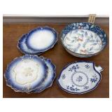 Spode dish, flow blue cake plates, and rice bowl