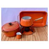 Vintage Orange Enamel & Cast Iron Kitchen Lot