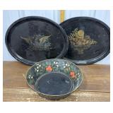 2 Toleware Trays And Bowl