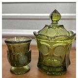 Fostoria olive green coin glass Covered jar and