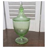 Green depression glass covered candy dish