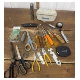 Assorted tools, hardware, scissors, flashlight,