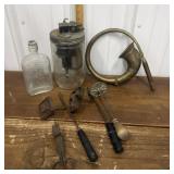 Brass horn, Jar, Lincoln Inn bottle,