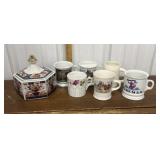 Mustache mugs, mugs, lidded Imari style dish