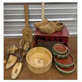 Wooden shoe stretchers, bowls, stool, shoes etc