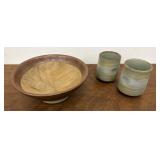Textured studio pottery bowl with 2 pottery cups