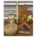 Hand painted tin jug and paint pallet, woven