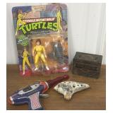 Oxford NY bank, tin toy gun, ceramic ocarina,