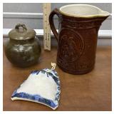 Pottery wall pocket, covered jar and stoneware