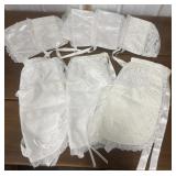 Beaded satin bonnets, satin lace aprons- adult