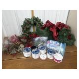 Christmas wreath, garland, ribbon, pine cones etc