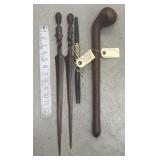 Carved wood club, ornamental daggers, hairpin *1