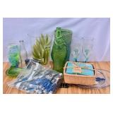 Tote of Green-Blue Decor & Kitchen Items. Some