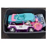 Huge tote of Barbie Cars, Jeep, Accessories, etc.