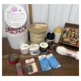 1 1/2gal Vintage buttons, thread, wood spools,