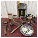 Vintage mailbox, match holder, ice cream scoops,