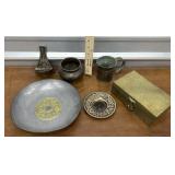 Brass box wood lined, plates, pitcher etcï¿½