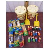 1983 McDonaldï¿½s buckets, little people wooden