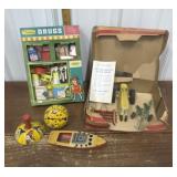 Vintage toys- noise makers, drug store set,