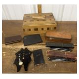 Wooden box, razors, wallet etc