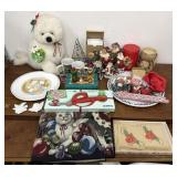 Figurines, vintage hankies, plates, and other