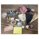 Vintage jewelry, sewing kits, fans, pins, etc